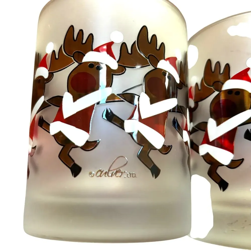 Vintage Culver Glass frosted Christmas Cocktail Glasses PAIR Dancing Santa Moose